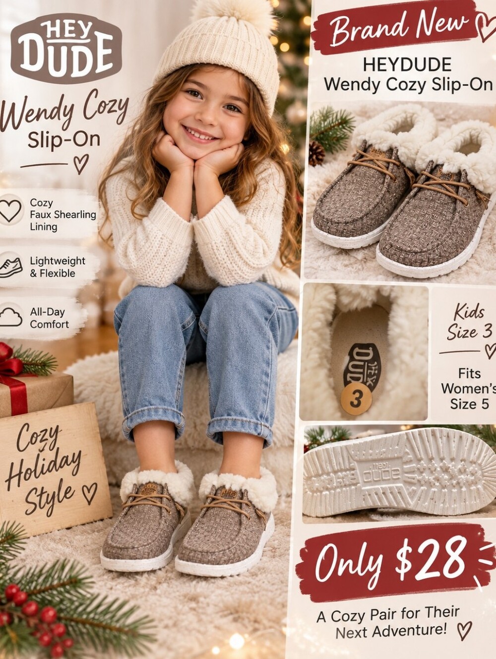NWOT HEYDUDE Wendy Cozy Slip-On Kids Size 3 / Women’s 5 Faux Shearling